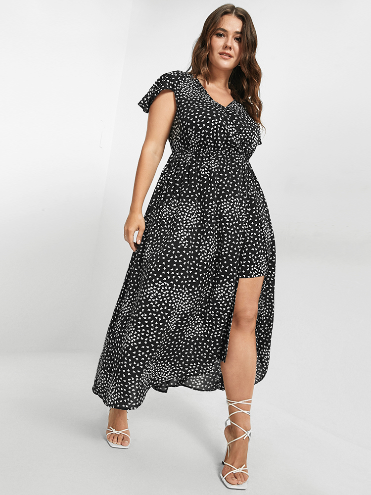 Plus Size V Neck Butterfly Pattern Split Dress Multicolor Women Elegant Gathered V-neck Cap Sleeve Curvy Midi Dress BloomChic 10/M 